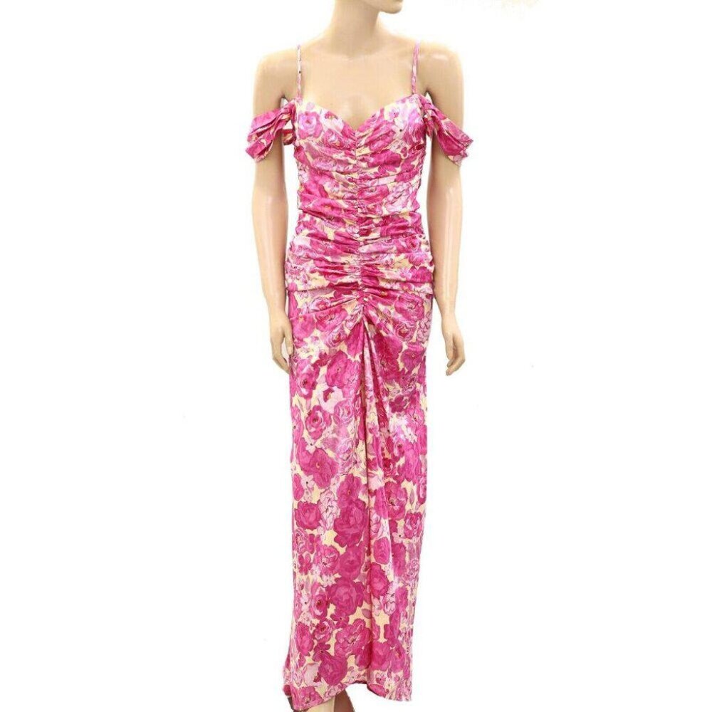 Pia Tjelta Floral Printed Long Maxi Dress Ruched Bodycone Cocktail S